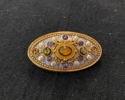 Michal Golan Brooch/Pendant  Garnet, Pearl , Green Abalone 24K Gold Plate