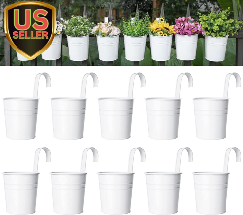 10 Pcs Hanging Flower Pots Metal Iron Bucket Planter for Railing Fence Balcon...