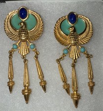 Egyptian Revival Clip On Earrings Phoenix Elizabeth Taylor Avon Gold Tone Enamel