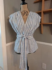 Max Studio Women's Blue & White Striped Lightweight Tie Front Top Blouse Size M