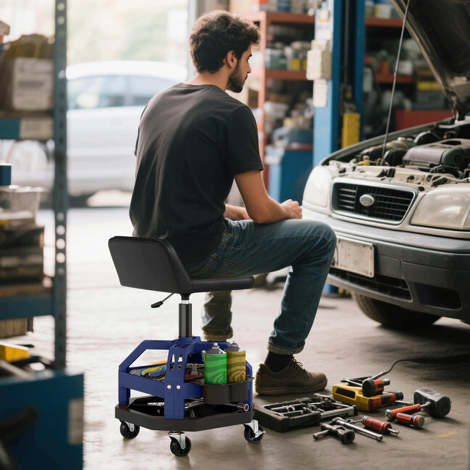 HOMCOM Rolling Mechanic Stool, 300 LBS Capacity Garage Stool, Blue