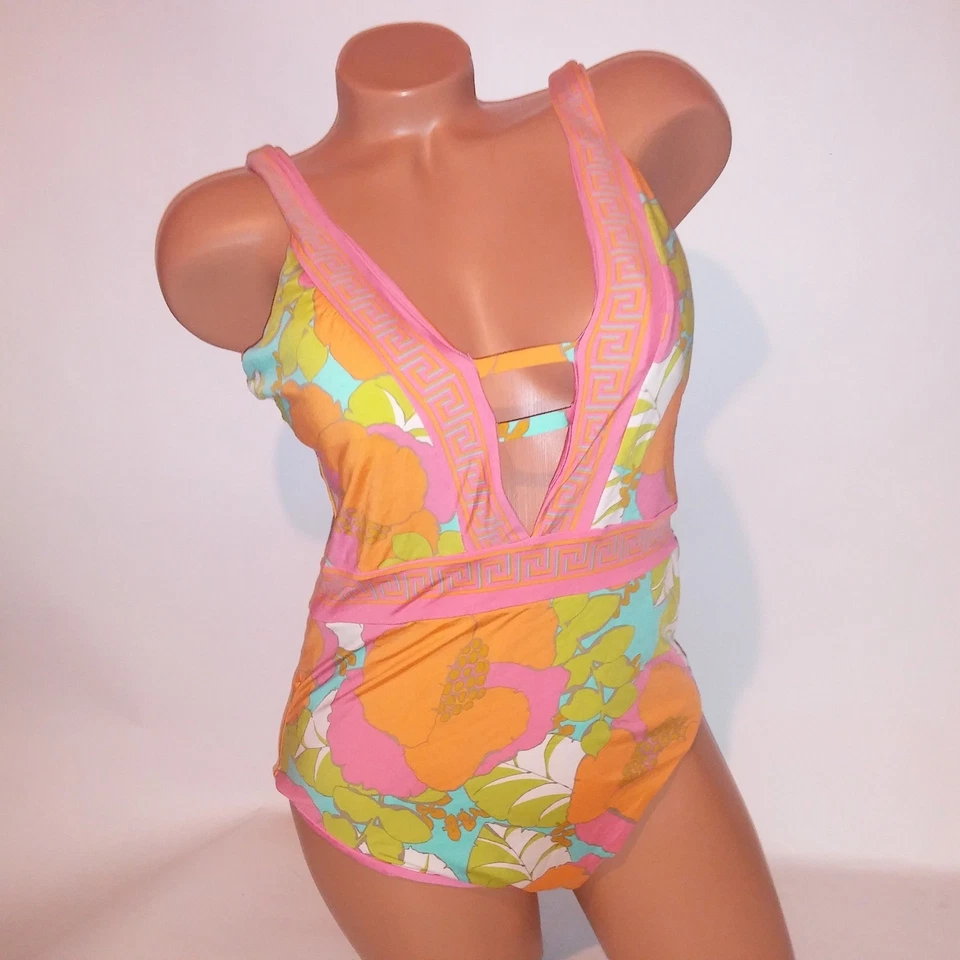 Estofamento removível Trina Turk One Piece grande natação rosa laranja floral mergulho - Imagem 2 de 4