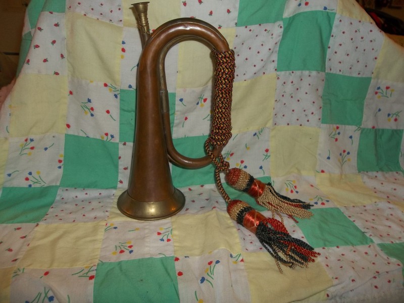 Vintage Copper and brass bugle w/mouthpiece on chain, braided rope/tassels, work