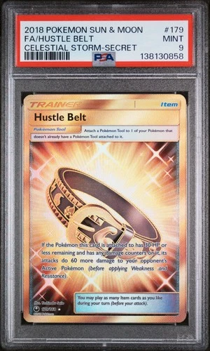 2018 POKEMON SUN & MOON CELESTIAL STORM SECRET #179 FULL ART/HUSTLE BELT PSA 9