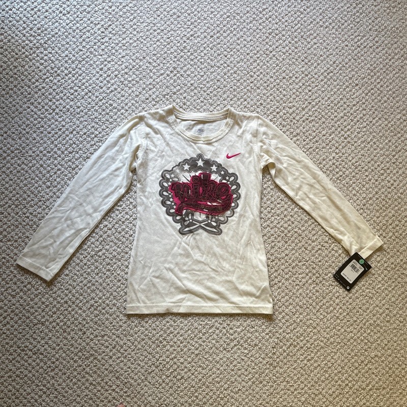 NIKE New Girls Small 6 Ivory Cotton Long Sleeve T-shirt Large Pink Logo NWT