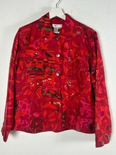 Coldwater Creek Womens Red Abstract Silk Blend Jacket Medium Button-Front Lined