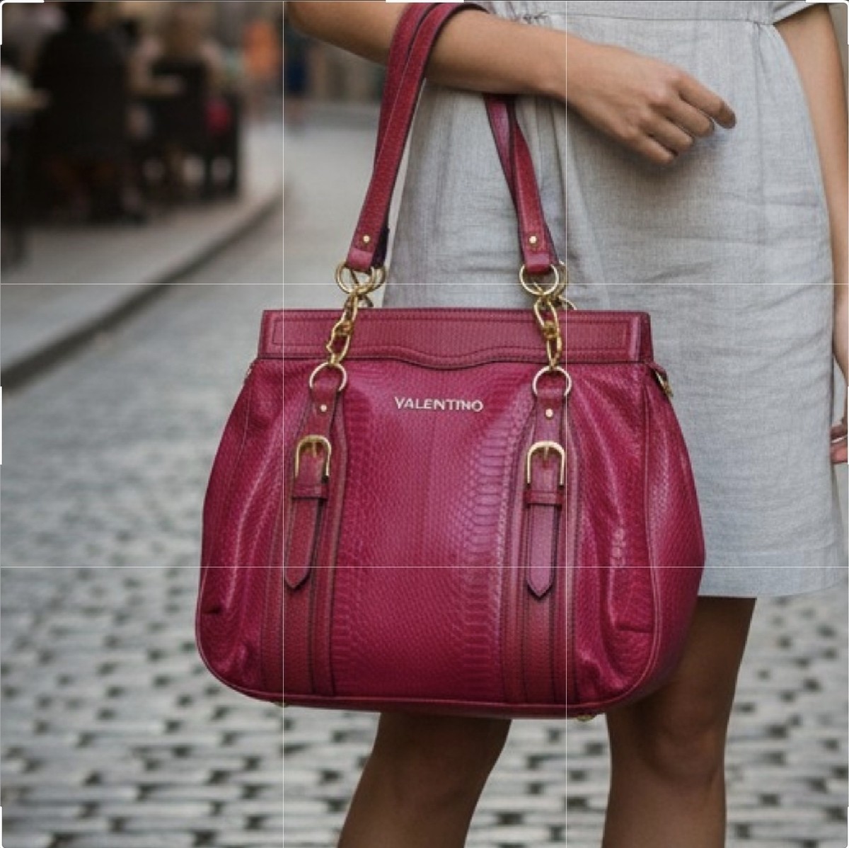Valentino by Serendipity Red Faux Croc Satchel Shoulder Bag Gold