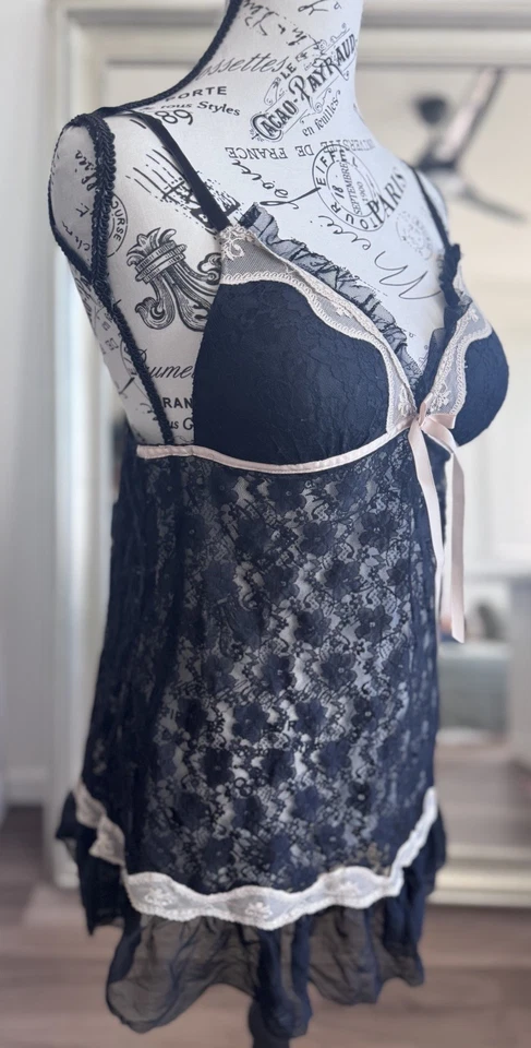 Linea Donatella Vestido Babydoll de Encaje Negro Transparente Chemise Slip Lencería Foto 4 de 4