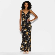 Women's Wild Fable Lace Trim Maxi Empire Waist Dress Black Floral Size S