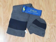 Ralph Lauren Polo Mens 2 Pc. Set Cuffed Beanie Hat  Scarf Gray w/ Navy  NWT 