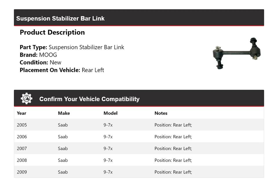 Barra estabilizadora de suspensión trasera izquierda MOOG 2005-2009 Saab 9-7x 2005 2006 Foto 2 de 4