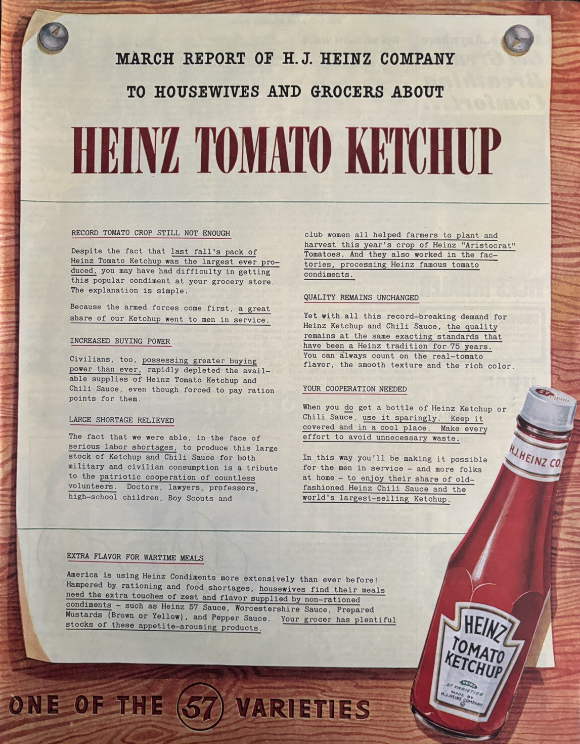 1944 Heinz Tomato Ketchup 57 Varieties Wartime Meals WWII Grocers VTG Print Ad