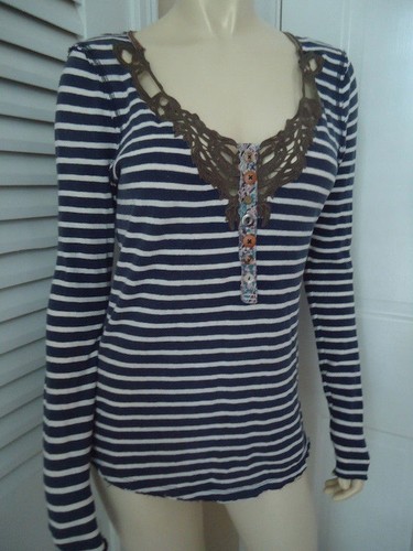 We The Free Top Shirt SP Pullover blau weiß Streifen Baumwolle Strick Spitze Boho - Bild 2 von 8
