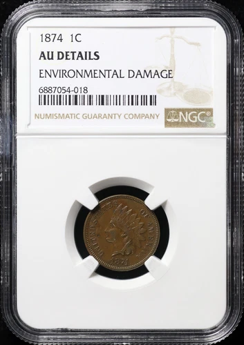 1874 Indian Head Cent NGC AU Details Environmental Damage