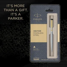 Parker Vector Stainless Steel Gold Retractable Ballpoint Pen + Gift Case Free