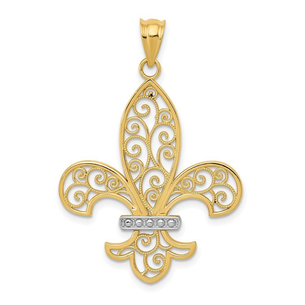 Mens 14K Yellow Gold and Rhodium Filigree Fleur De Lis Pendant