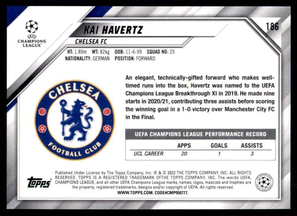 2021 Topps UEFA Champions League Kai Havertz #186 - Image 2 of 2