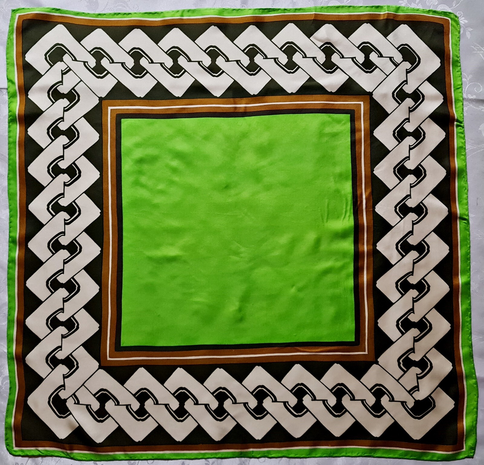 Authentic Vintage Geometric Green Brown Silk Scarf 31” Square Art Frame-image