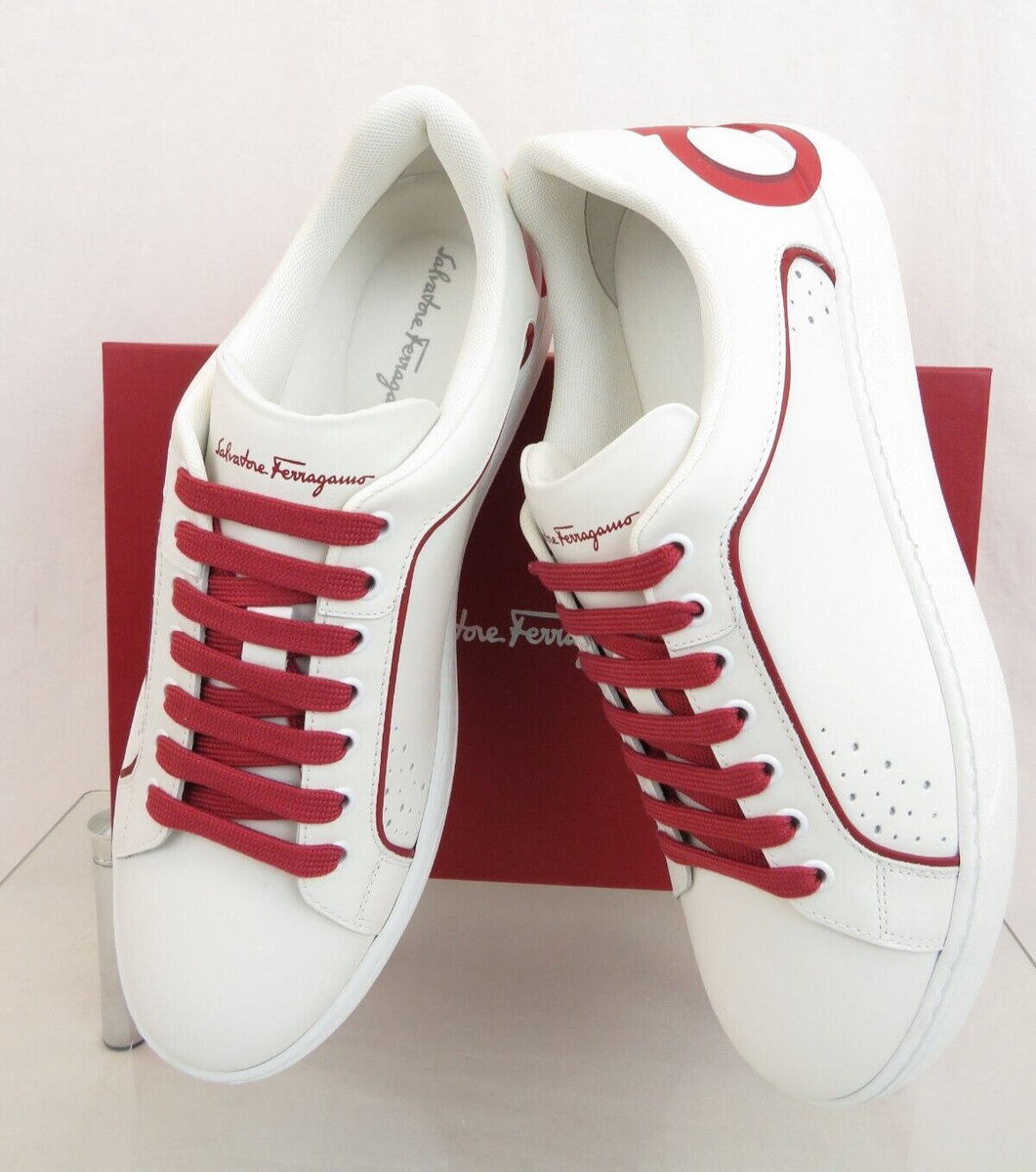 $795 FERRAGAMO MANHATTAN WHITE LEATHER RED GANCINI LOGO