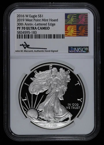 2016 W Proof Silver Eagle NGC PF 70 Mercanti Hand Signed 2019 West Point Hoard