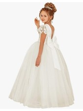 Flower Girls Ivory Lace Cap Sleeve Tulle Dress with Bow Size 4