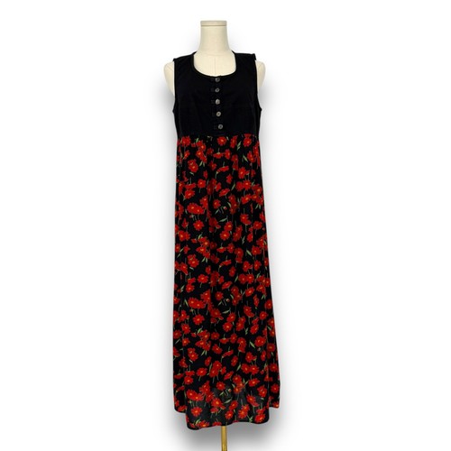 1990s VTG Carole Little Black Denim Daisy Print Jersey Empire Waist Maxi Dress 8