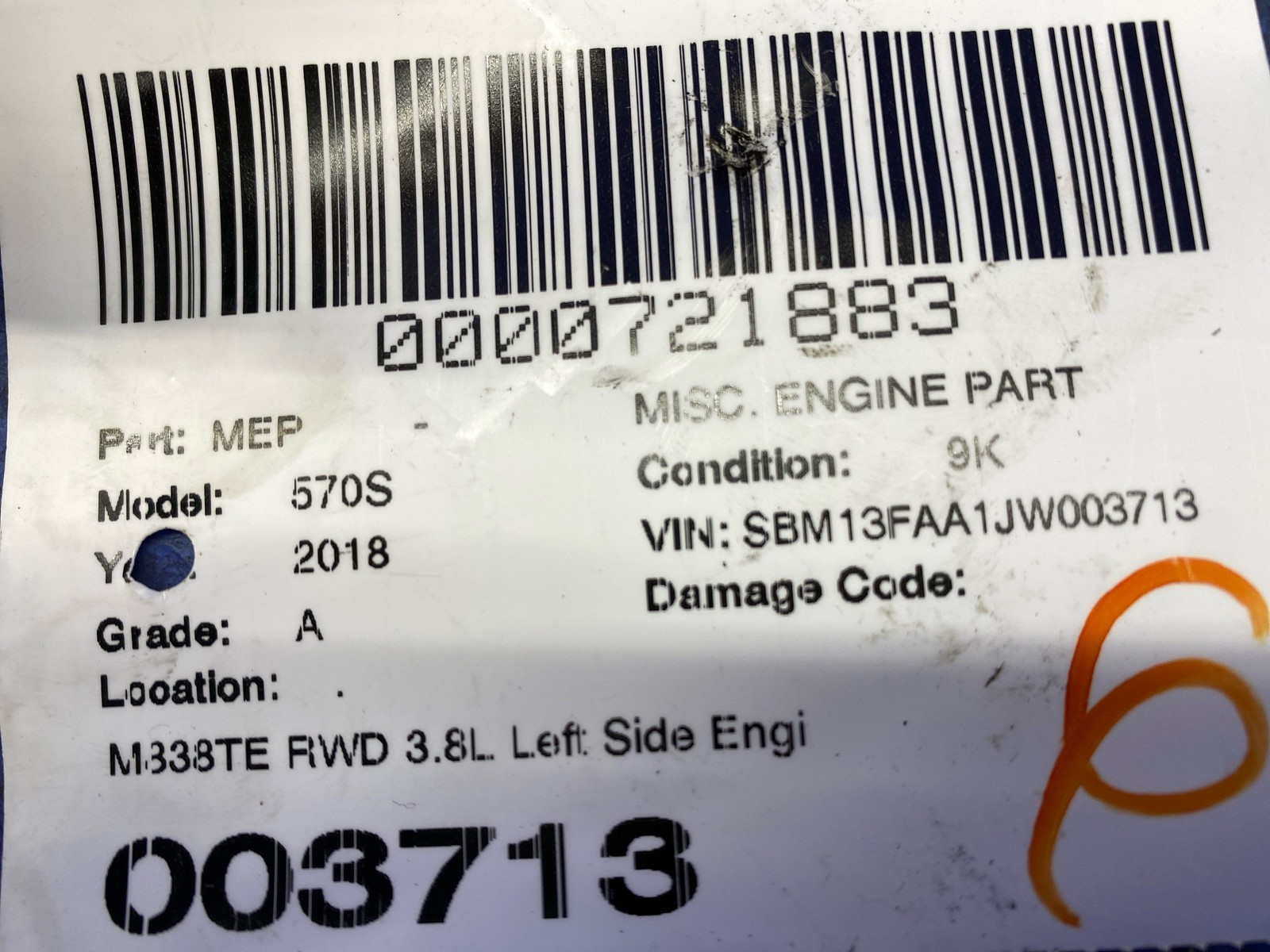 2016-2021 Mclaren 570s M838TE RWD 3.8L Left Side Engine Motor Thermostat oem