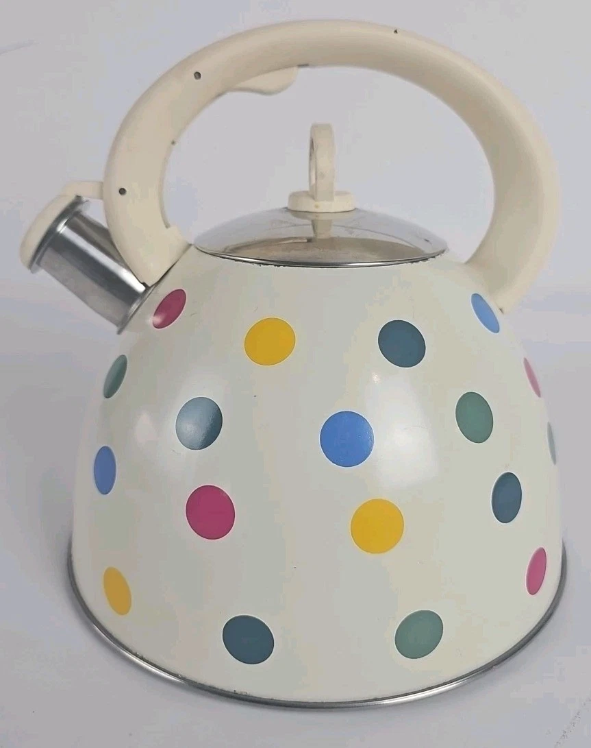 Vintage Whistling Tea Kettle White Stainless Steel w/ Colorful Polka Dots 3L Pot