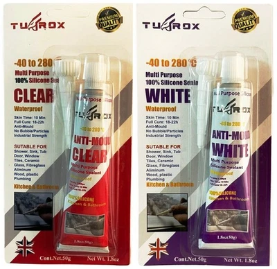TUFROX Silicone Sealant Clear & White Tube Glue For Bathroom & Kitchen Window Small Job
