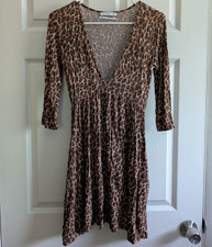 Urban Outfitters Leopard Print V-Neck 3/4 Sleeve Mini Dress Brown S-P