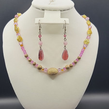 Pink & Gold Teardrop Glass Bead Necklace & Ea...