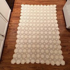 Vintage Handmade Crochet Lace Tablecloth 72x48" Large Rectangular Cream Geo Boho