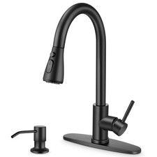 Black Kitchen Sink Faucet Set with Pull Down Sprayer and Soap Dispenser, Stai...