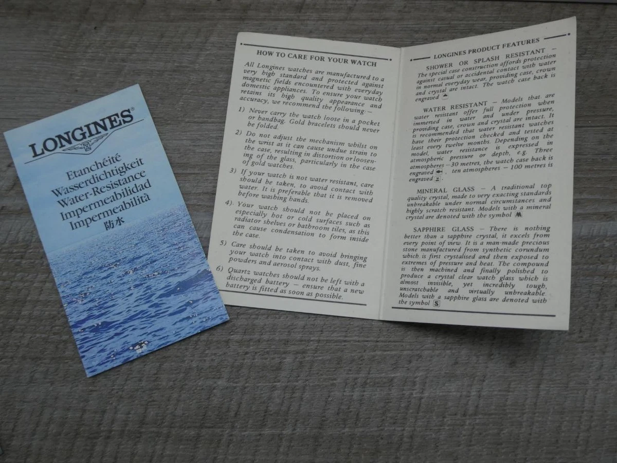 Folleto de instrucciones Longines genuino vintage y cuidado para tarjeta de reloj en billetera