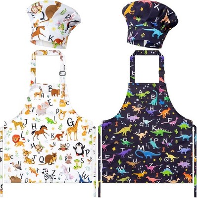 GROBRO7 4Pcs Kids Apron and Chef Hat Set Gift for Girls Boys, Animal Alphabet
