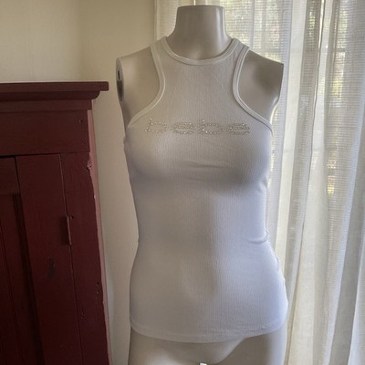 Bebe White Rhinestone Ribbed Tank Top XS