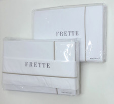 Frette One Bourdon King Sheet Set Duvet Cover White/Sepia Luxury Bedding 5 Pc
