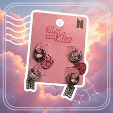 BTS Boy With Luv Bling Logo Heart Huggies Earrings Set BigHit Official