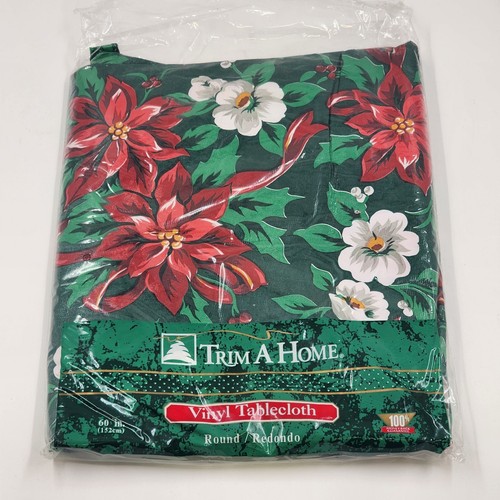 Trim A Home Vinyl Tablecloth Kmart Green Holiday Pretty Poinsettia Round 60” NEW - Picture 1 of 4