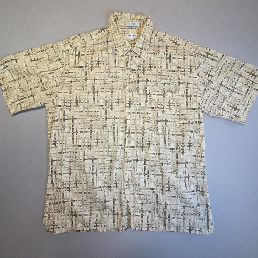 Pierre Cardin Vintage 90s Style Bamboo Print Shirt Men’s Large Cotton Tan Beige