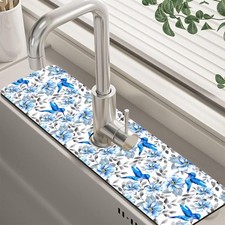 Kitchen Sink Splash Guard Faucet Mat Blue Floral and Hummingbird Absorbent Fa...