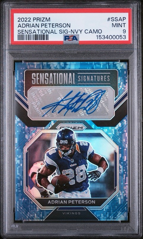 2022 Prizm Adrian Peterson Sensational Signatures Navy Camo Auto /25 PSA 9