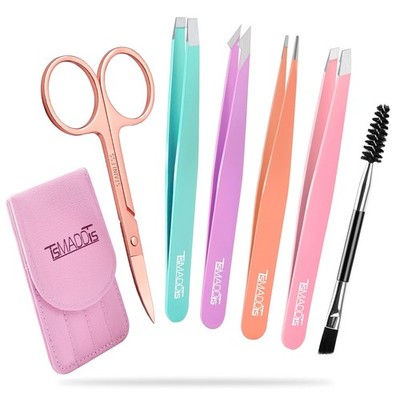 TsMADDTs 6 PCS Tweezers Set for Women, Eyebrow Tweezers with Curved Scissor