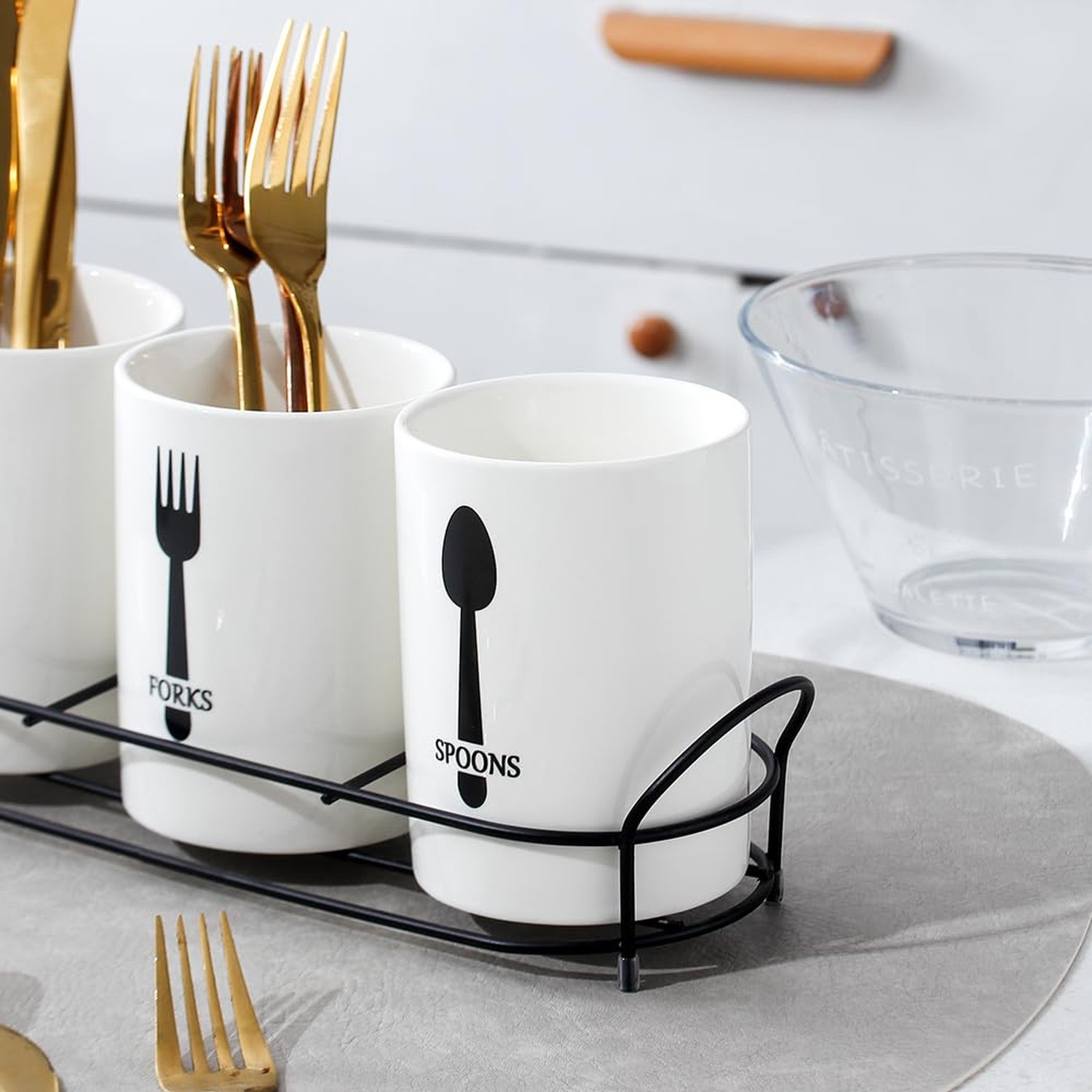 3-Piece White Ceramic Silverware Cutlery Holder with Black Metal Rack, Utensi...