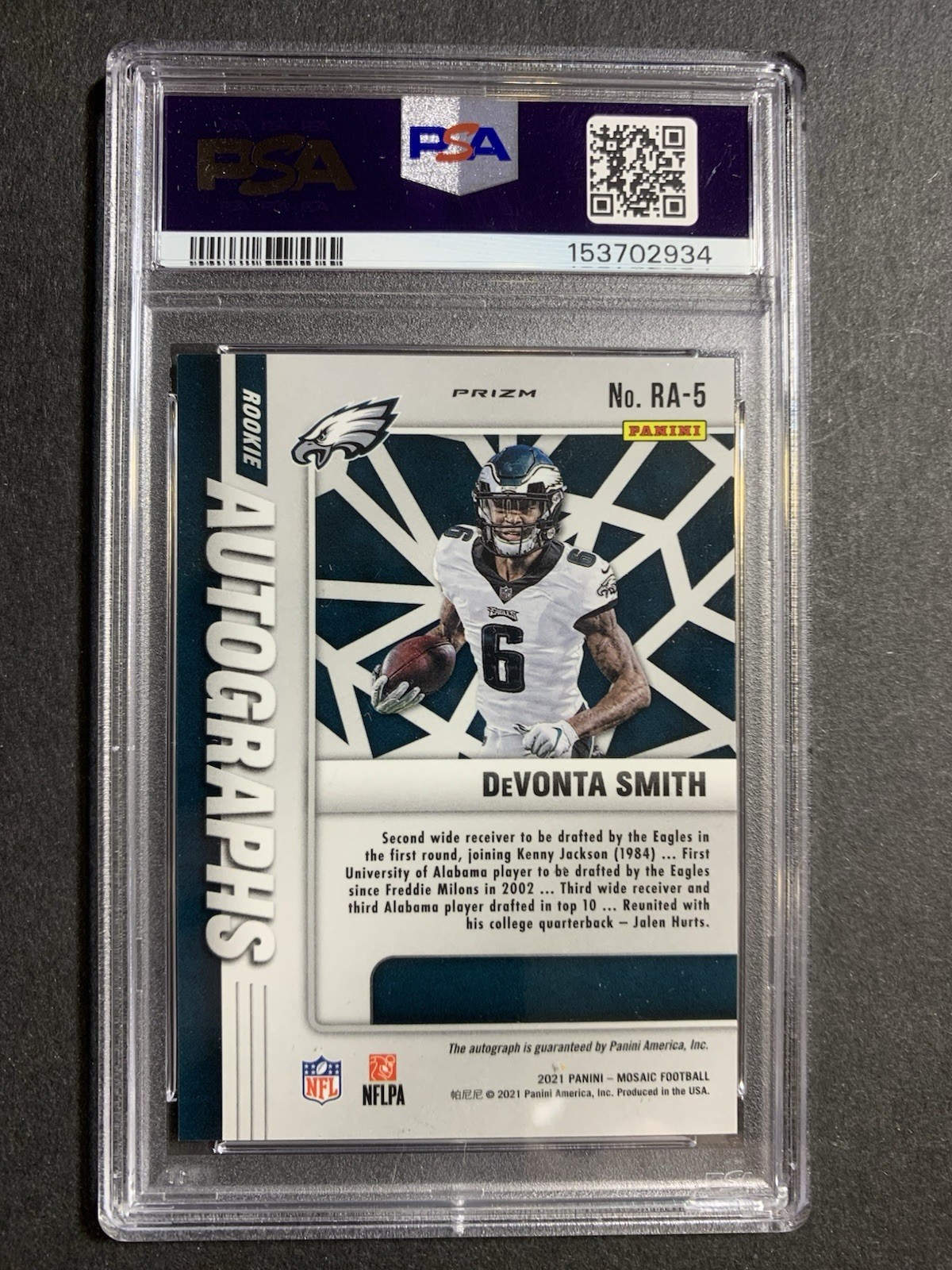2021 Mosaic - Rookie Autographs Mosaic Devonta Smith #RA-5 (AU, RC) PSA 9 MINT view 3