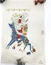 Vintage Pru Cowboy Santa Reindeer Present Needlepoint Canvas Christmas Stocking