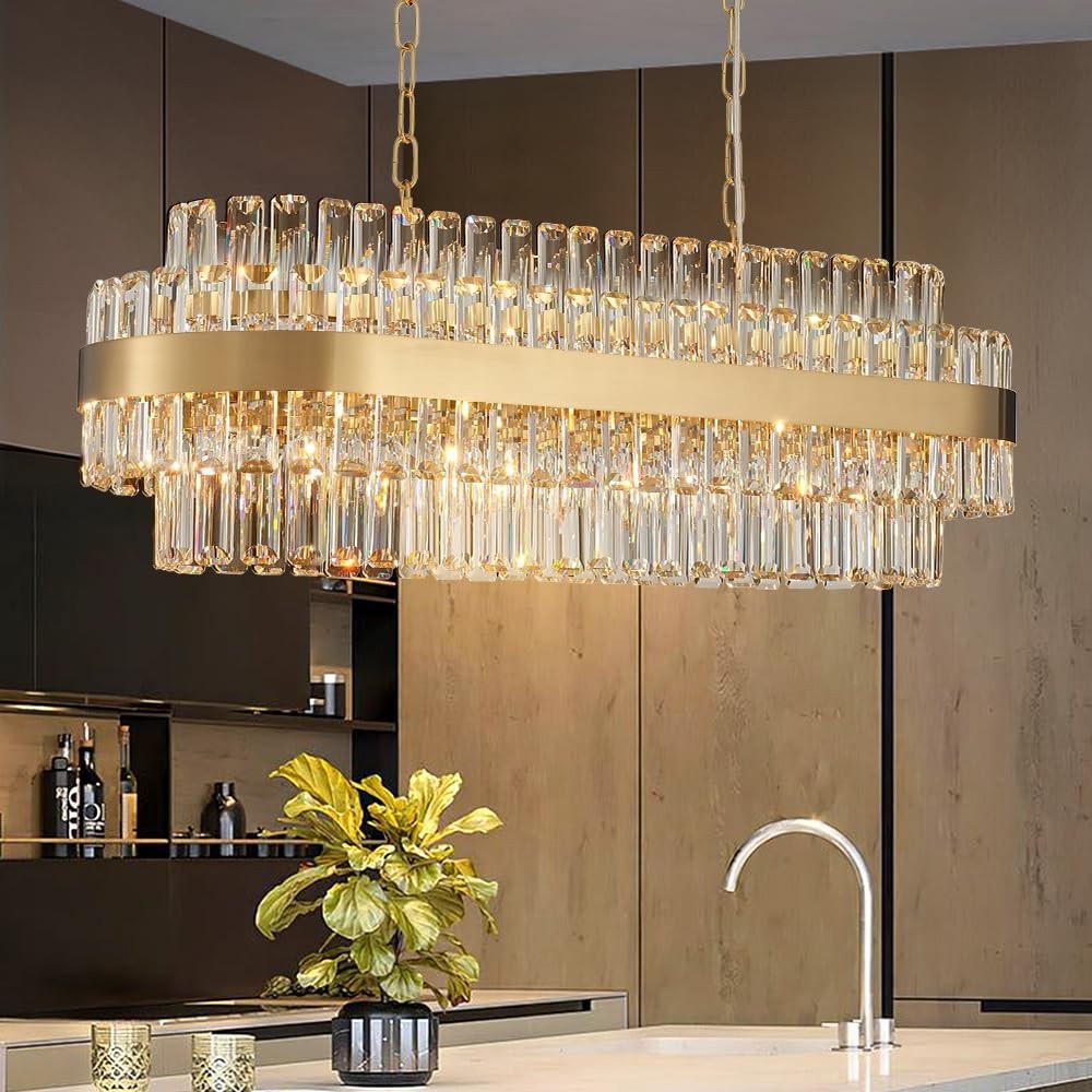 Gold Modern Rectangle Crystal Chandelier 20-Lights Luxury Fixture Modern ...