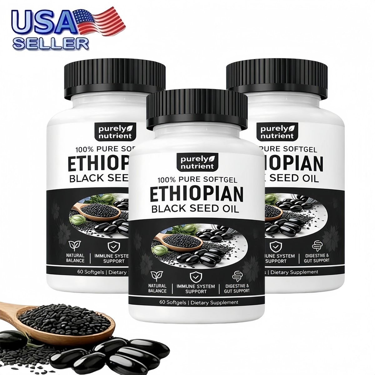 1-3 Bottles Ethiopian Black Seed Oil Softgels | 4.64% Thymoquinone | Gluten-Free