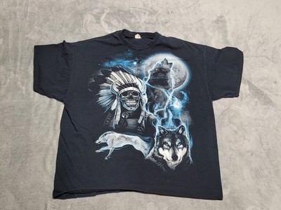 Vintage Wolf Howling at the Moon Indian Skeleton Native Warrior Shirt Size 2XL