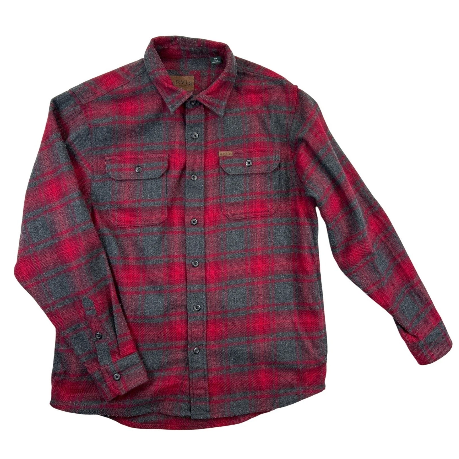 Orvis Flannel Shirt Mens M Red Grey Plaid Side Pockets